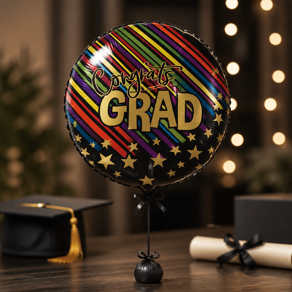 18" Congrats Grad Bright Striped Round Mylar Balloon