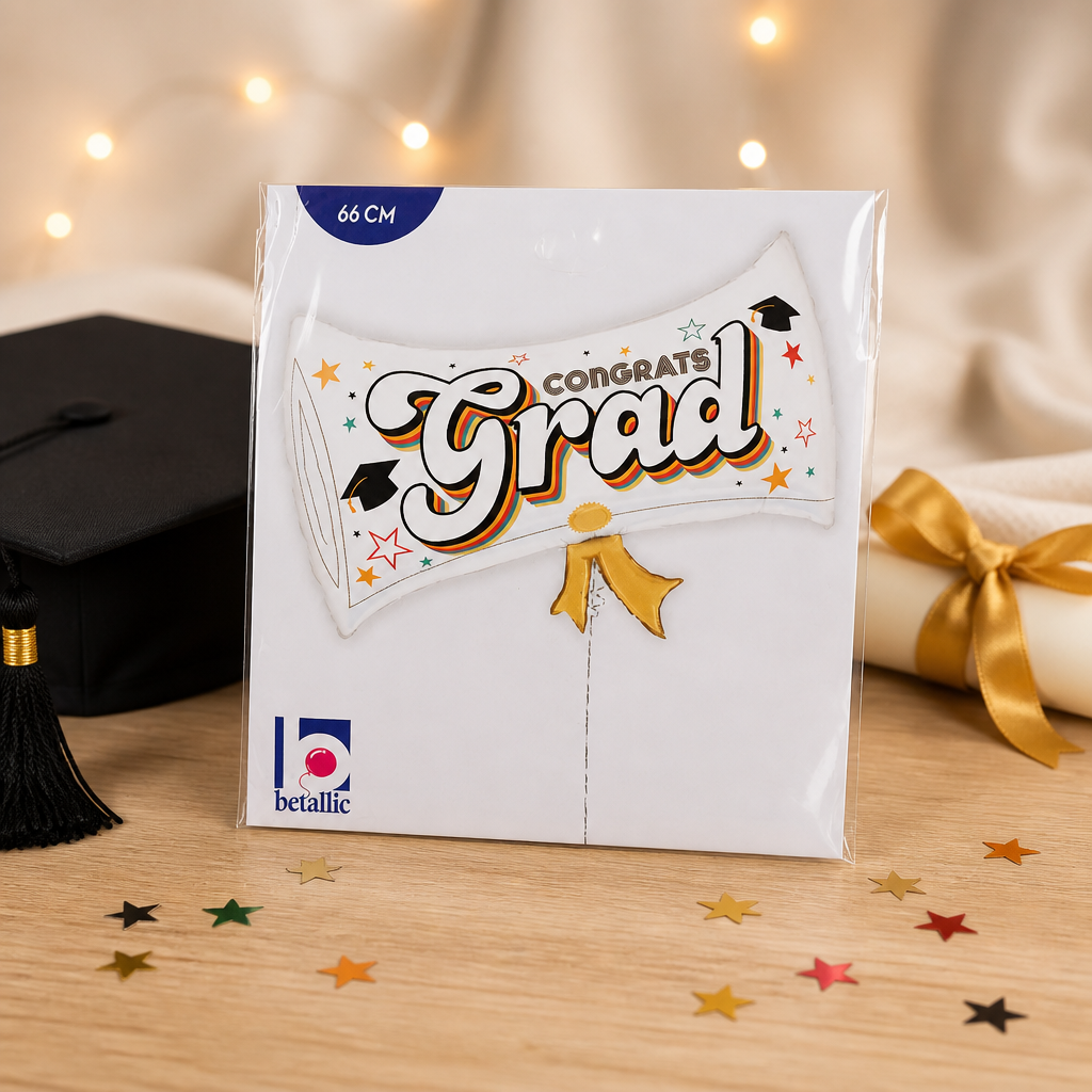 26" White, Black and Gold Grad Scroll Mylar Balloons