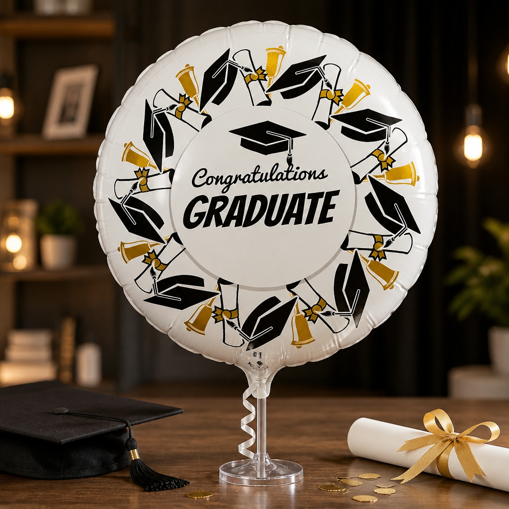 18" Grad White, Black and Gold Circle Mylar Balloon