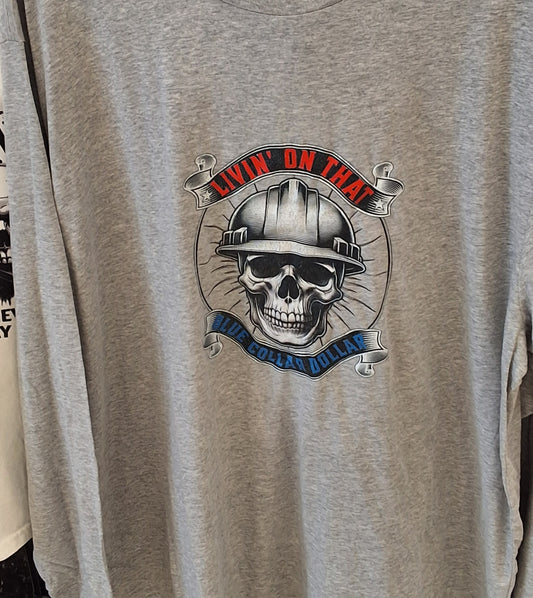 Gray 2XL Long Sleeve Blue Collar Skull Shirt