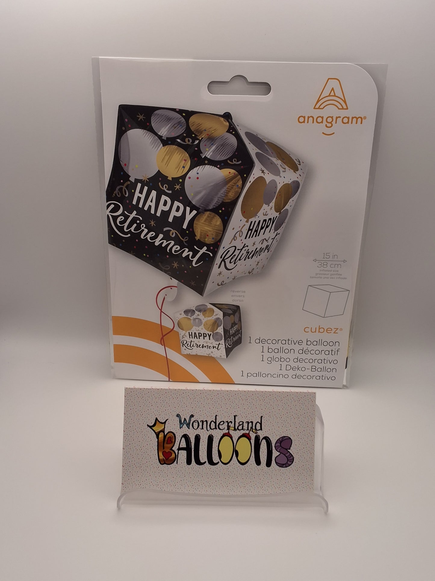 Black, White, and White Gold Cubez Happy Retirement Balloon