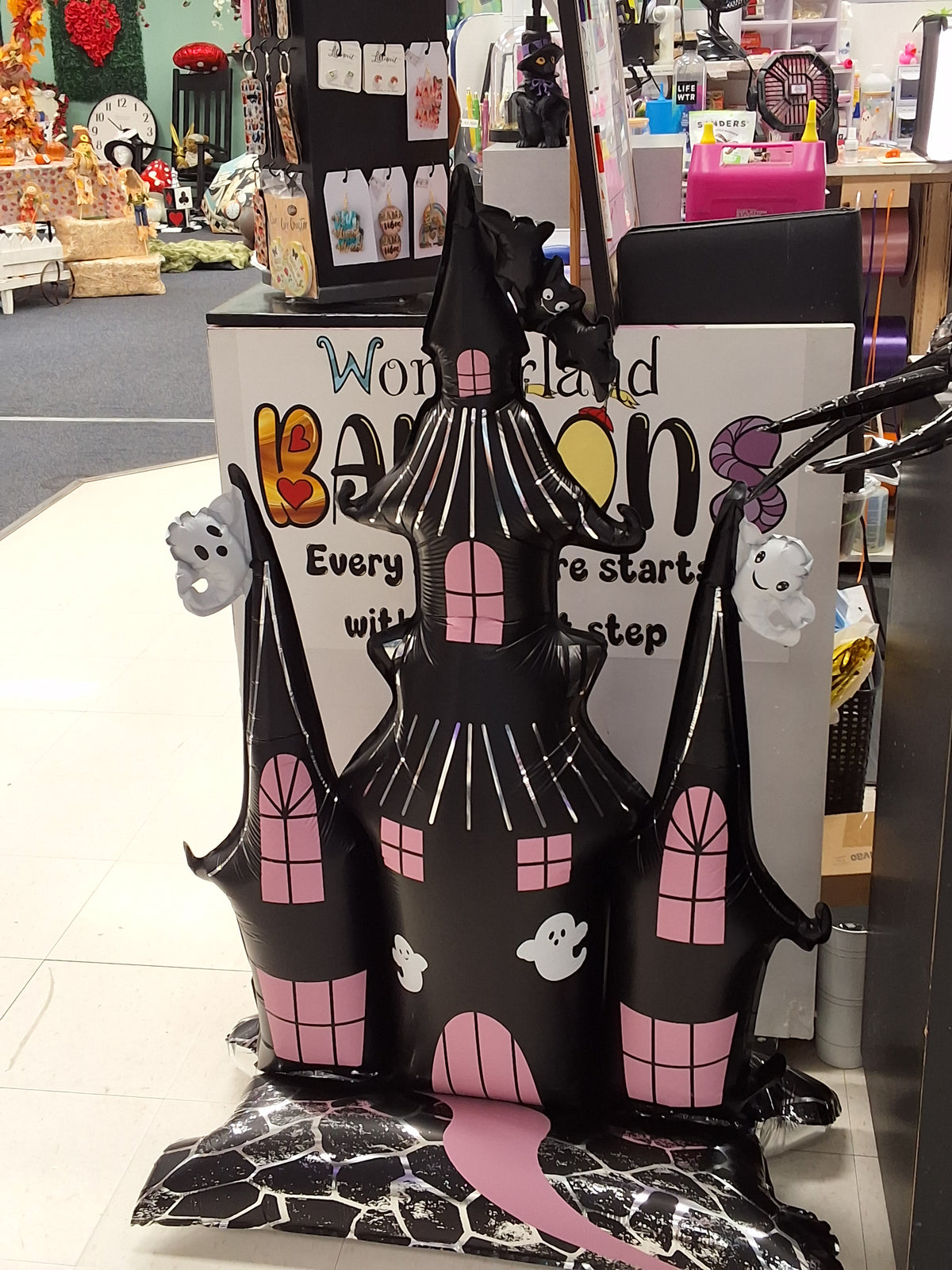 Light Pink & Black Haunted House AIrfilled Mylar