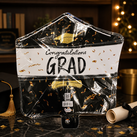 18in Grad Black, White, Gold Star Shaped Mylar