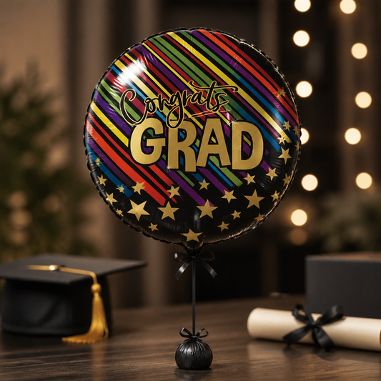 18" Congrats Grad Bright Striped Round Mylar Balloon