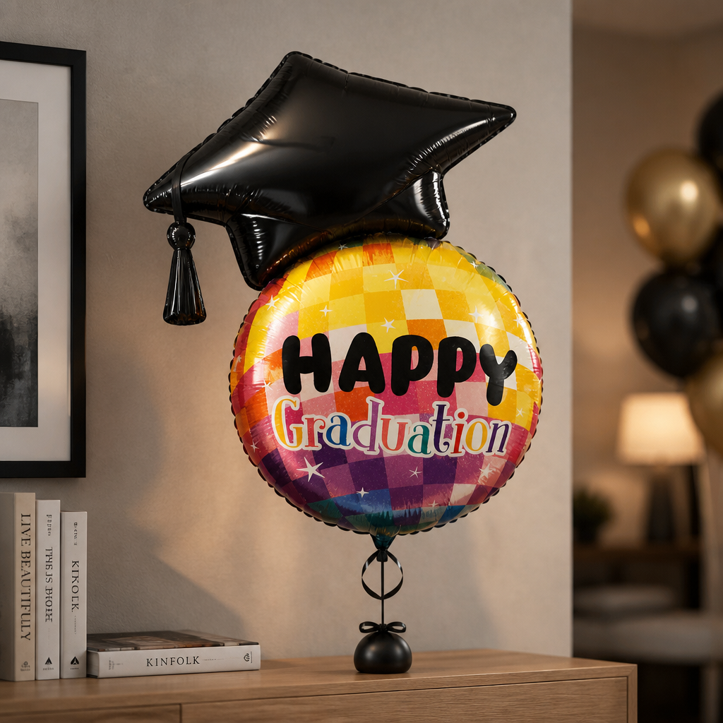 26" Rainbow Colored DIsco Ball with Grad Hat Mylar Balloon