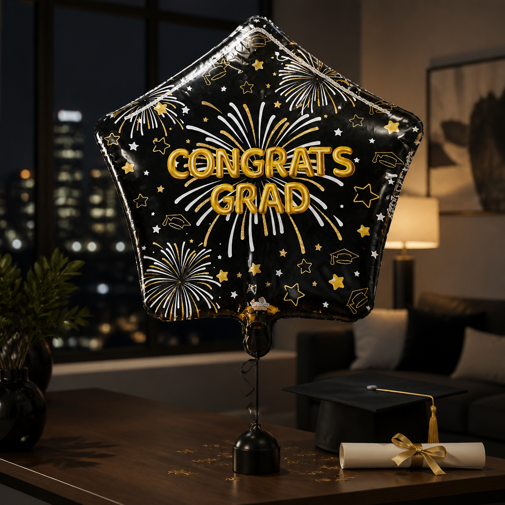 18" Black and white fireworks with CONGRATS GRAD
