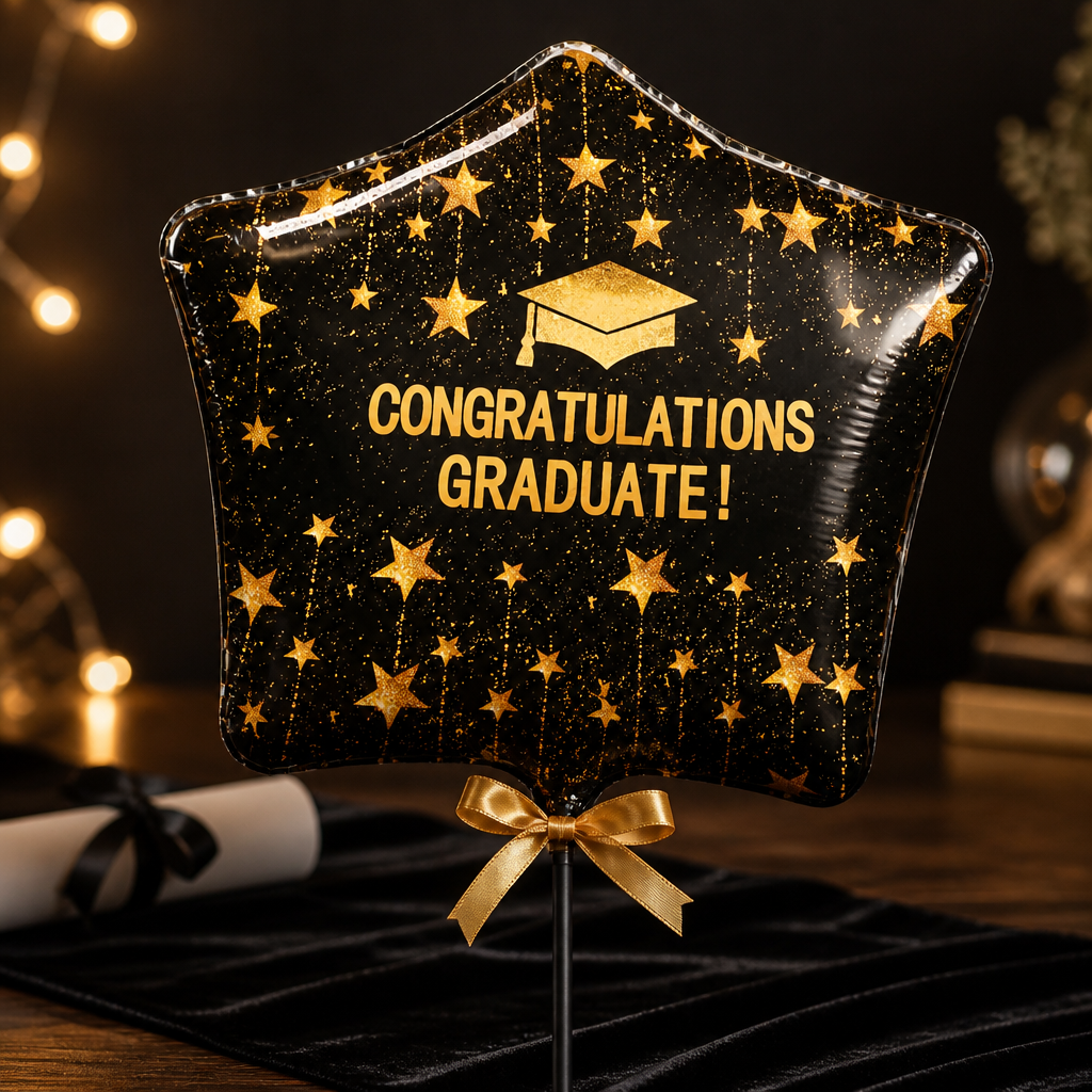 18" Grad Black and Gold Star Mylar Balloon with Stickers