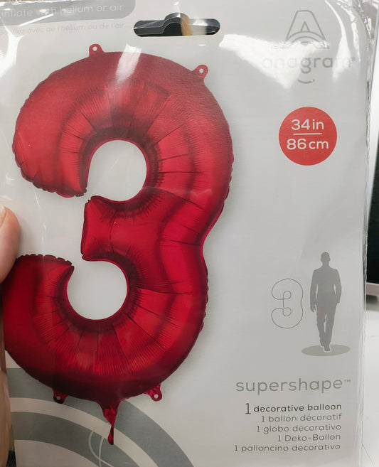 34" Red #3 Mylar Balloon