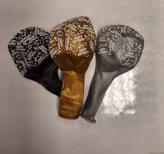 12in Black, Gold, Silver Happy Birthday Latex