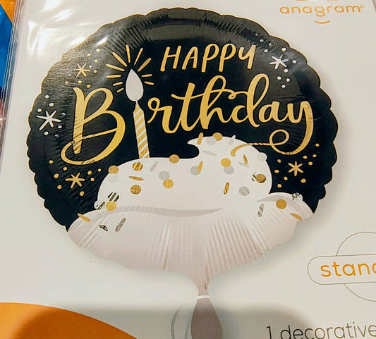 18in Black and White Birthday Cake Mylar