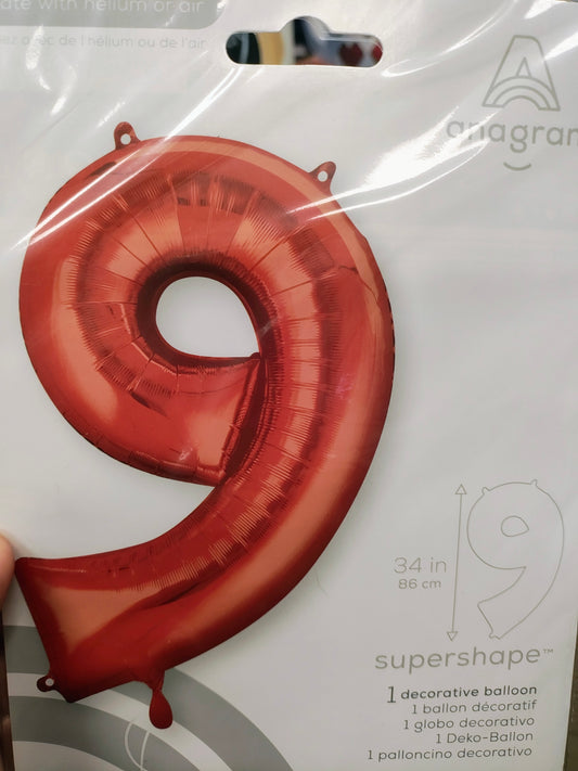 34" Red #9 Mylar Balloon