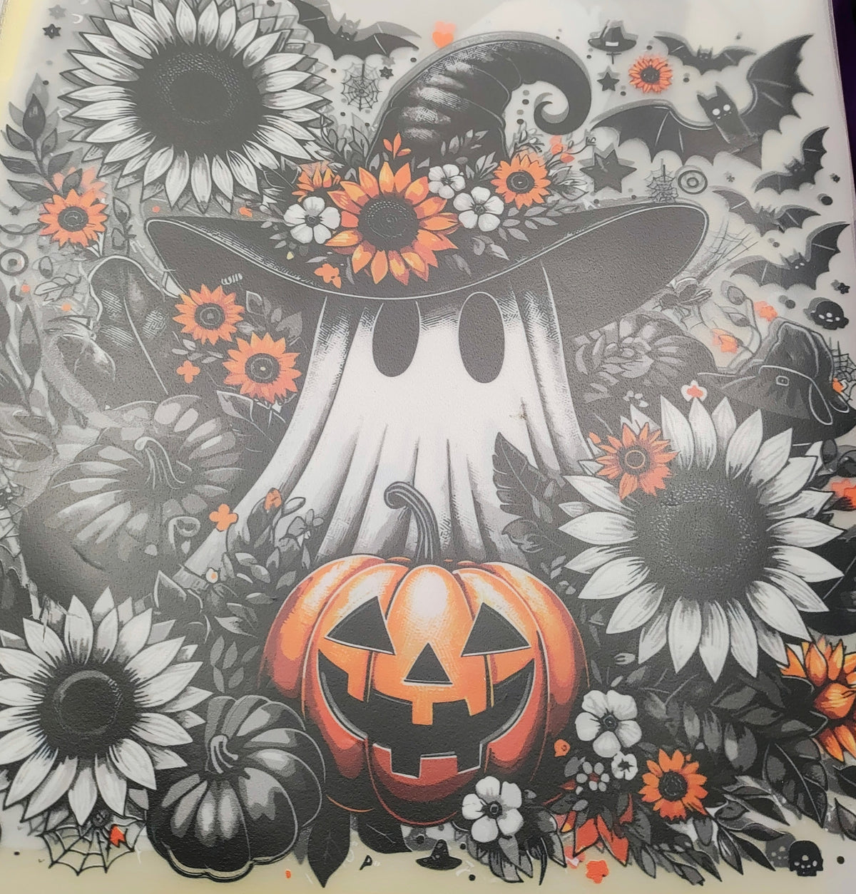Black and White Ghost w/Pumpkin and Witch Hat Transfer