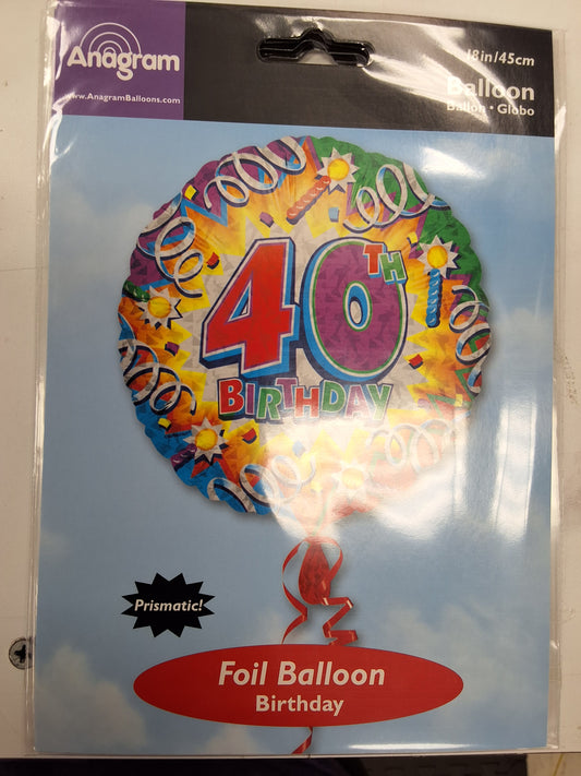 18in 40th Birthday Rainbow w/streamers Mylar Balloon