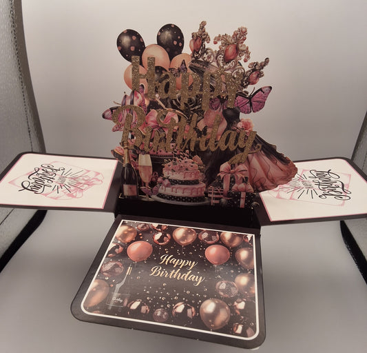 3D Pop -Up Birthday Card Black with Pink