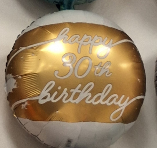 18in Happy Birthday White & Gold #30 Mylar Balloon