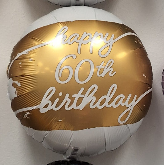 18in Happy Birthday White & Gold #60 Mylar Balloon
