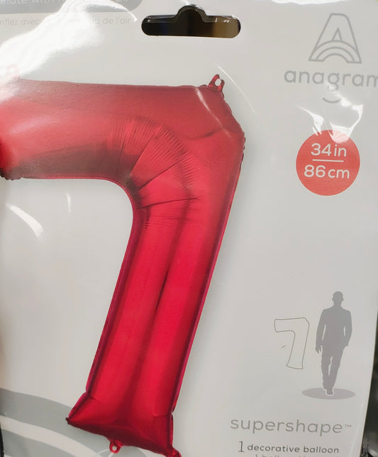 34" Red #7 Mylar Balloon