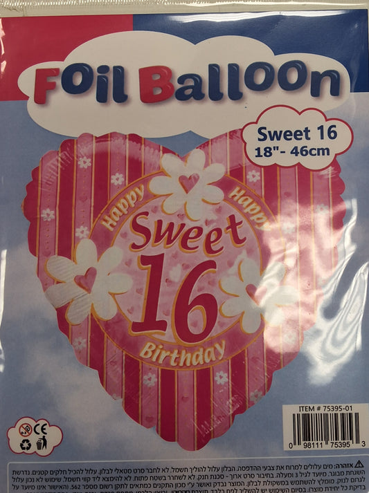 18" Striped Pink Sweet 16 Mylar Balloon