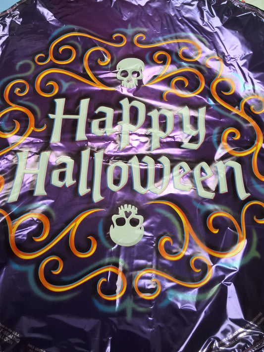 18" Happy Halloween purple w/skulls Mylar Balloon