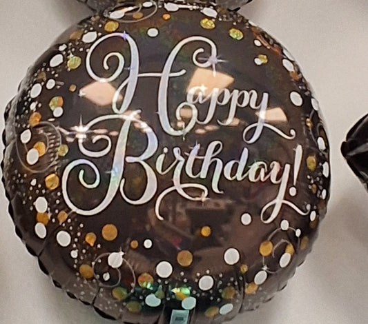 18in Happy Birthday Black, Gold, White Mylar Balloon